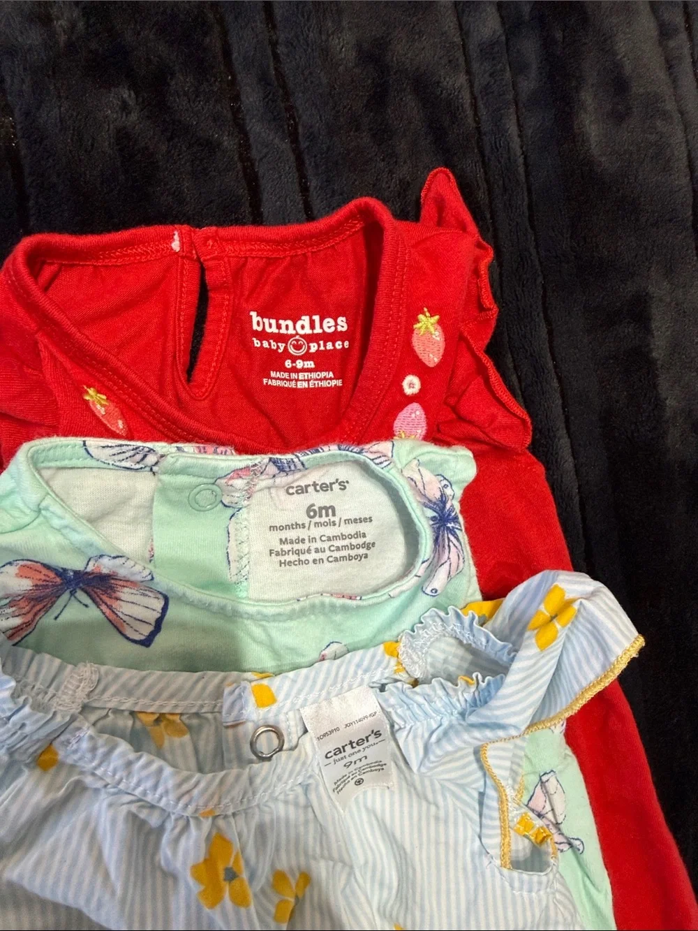 Set of 3 Baby Rompers - Red, Mint Butterfly, blue striped floral 6-9 months